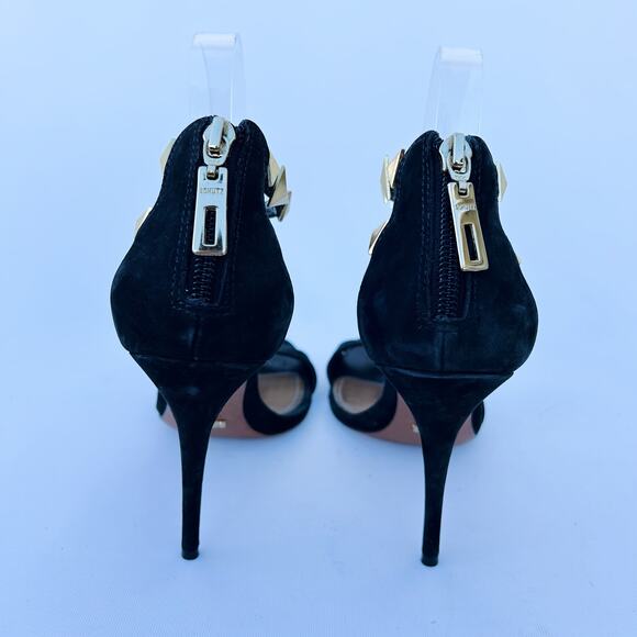 Schutz Black Suede Studded Heels Gold Ankle Strap Pointed Stiletto Pumps 8 39 - Picture 5 of 11